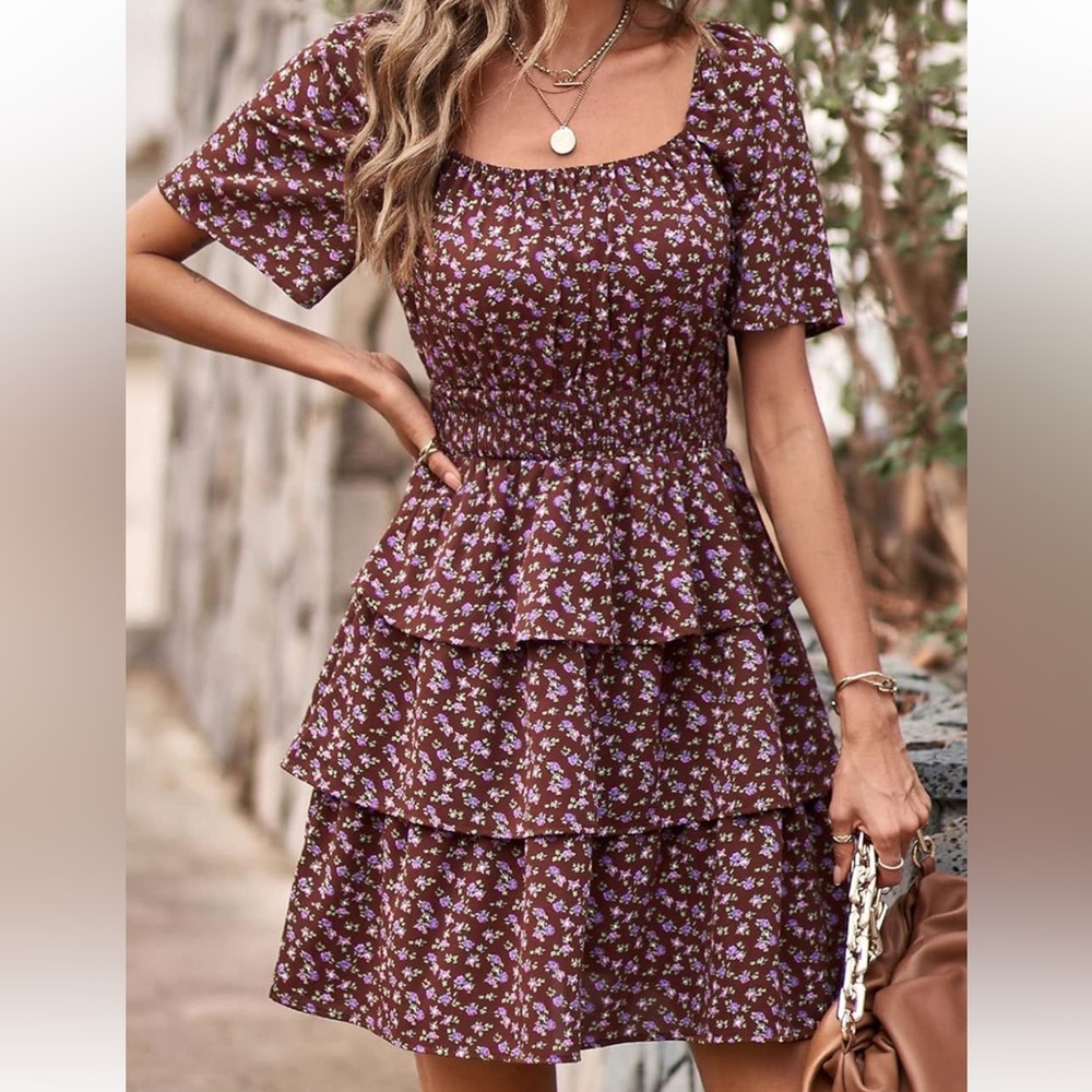 Pretty‎ Garden Brown Floral Boho Swing Tiered Ruffle Summer Dress Size XL NWT